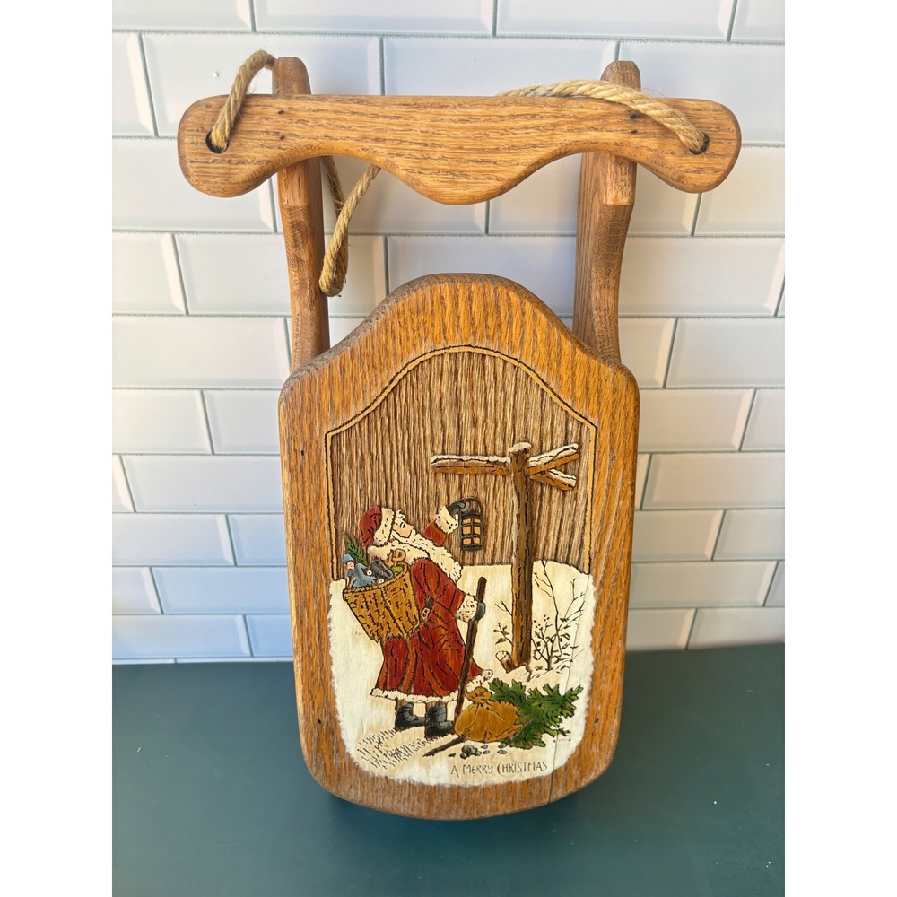 Vintage 1991 Hand Painted Wooden Christmas Sled Decor Shelf Relief Carving